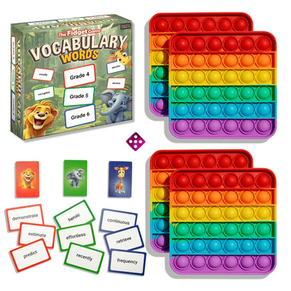 Vocabulary game for kids with animal cards, rainbow sensory pop it toys, and word cards for learning