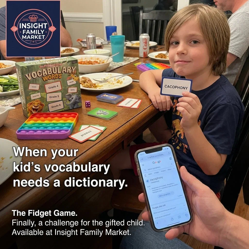 Gifted child holding vocabulary card for 'cacophony' at dinner table with educational game, sensory fidget toy, and phone showing word definition.