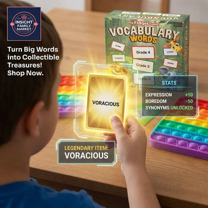 Child playing vocabulary card game with fidget toys and word card 'voracious' at table