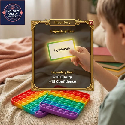 Child holding vocabulary flashcard with 'Luminous,' rainbow sensory poppers and learning tools.