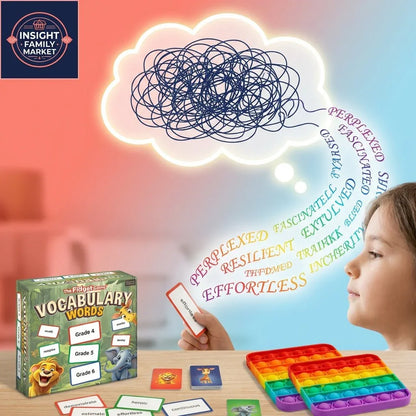 Child using sensory toys and vocabulary cards, promoting language learning and focus support.