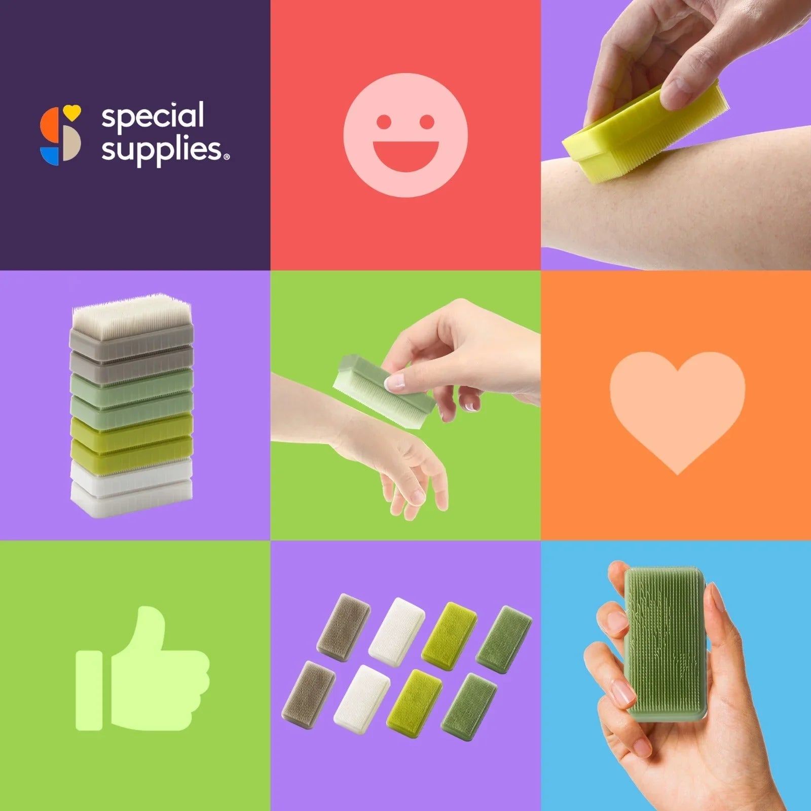 Colorful collage featuring sensory brushes for tactile therapy and sensory support