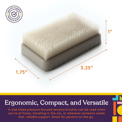 Compact rectangular sensory brush with soft bristles and measurements labeled.