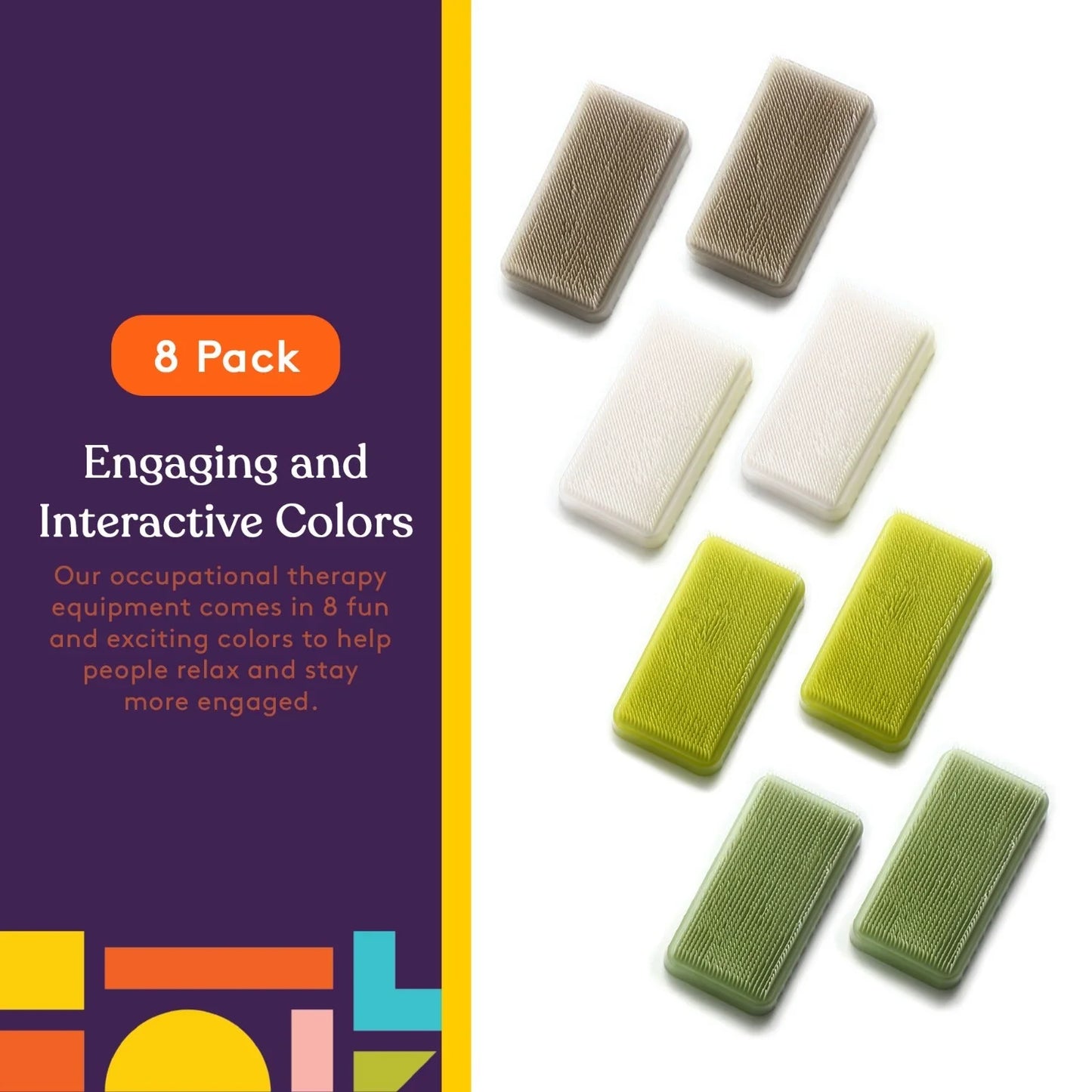 Set of eight sensory brushes in assorted interactive colors for occupational therapy use.