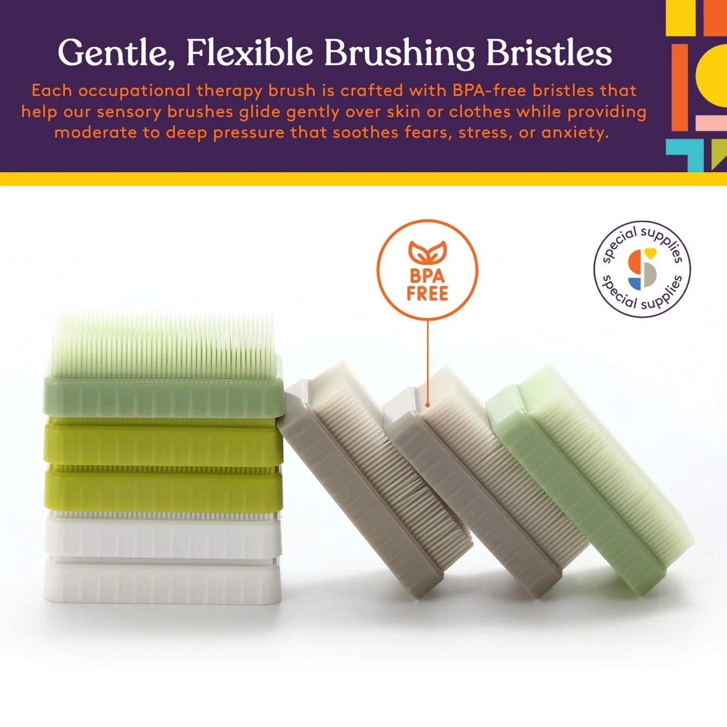 Stack of BPA-free sensory brushes with soft bristles in green, yellow, and white for sensory support.