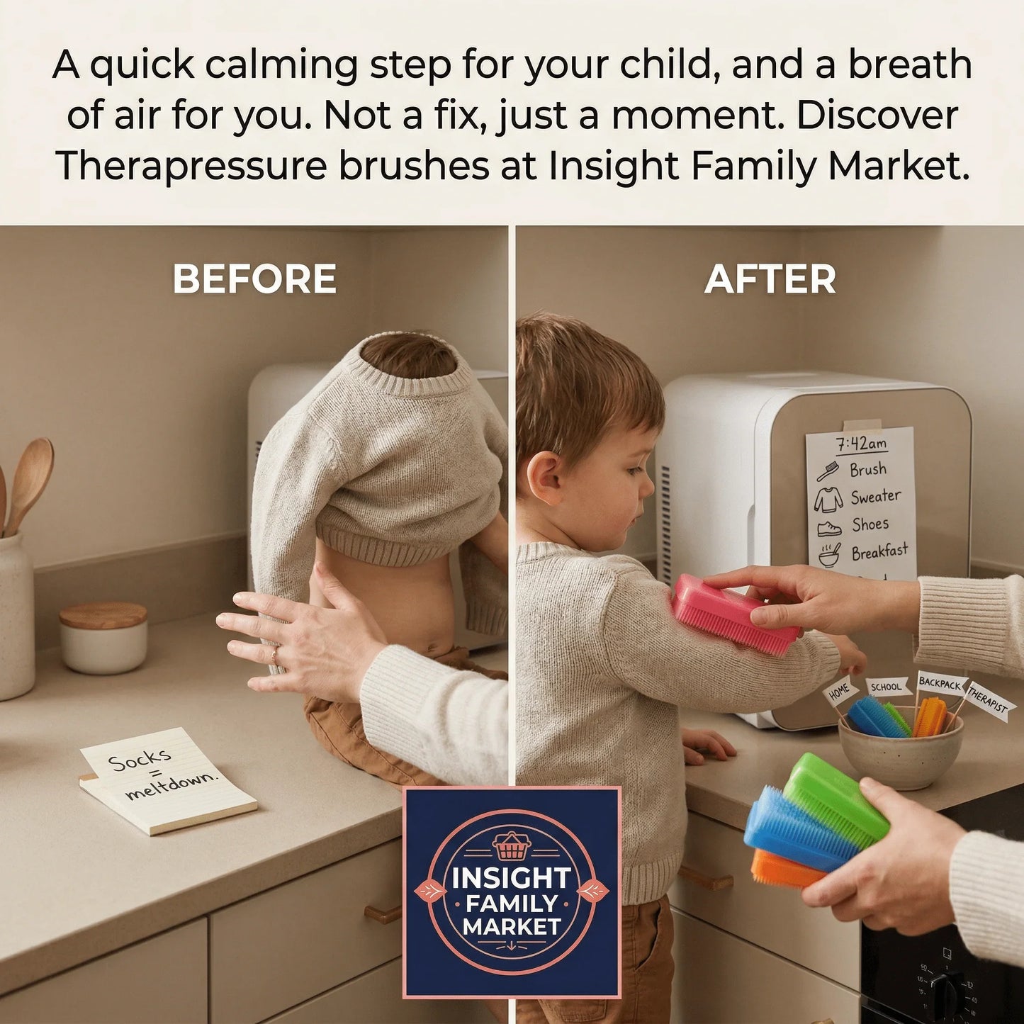 Before and after morning routine with child using sensory Therapressure brushes, supporting calm transitions.