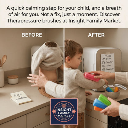 Before and after morning routine with child using sensory Therapressure brushes, supporting calm transitions.
