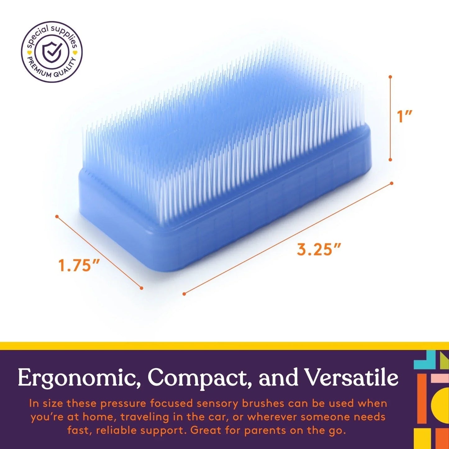 Blue sensory brush with soft bristles, compact size shown, ideal for sensory support.