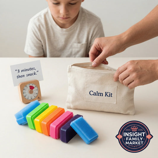 Child with sensory calm kit, visual timer, and colorful sensory brushes for sensory support