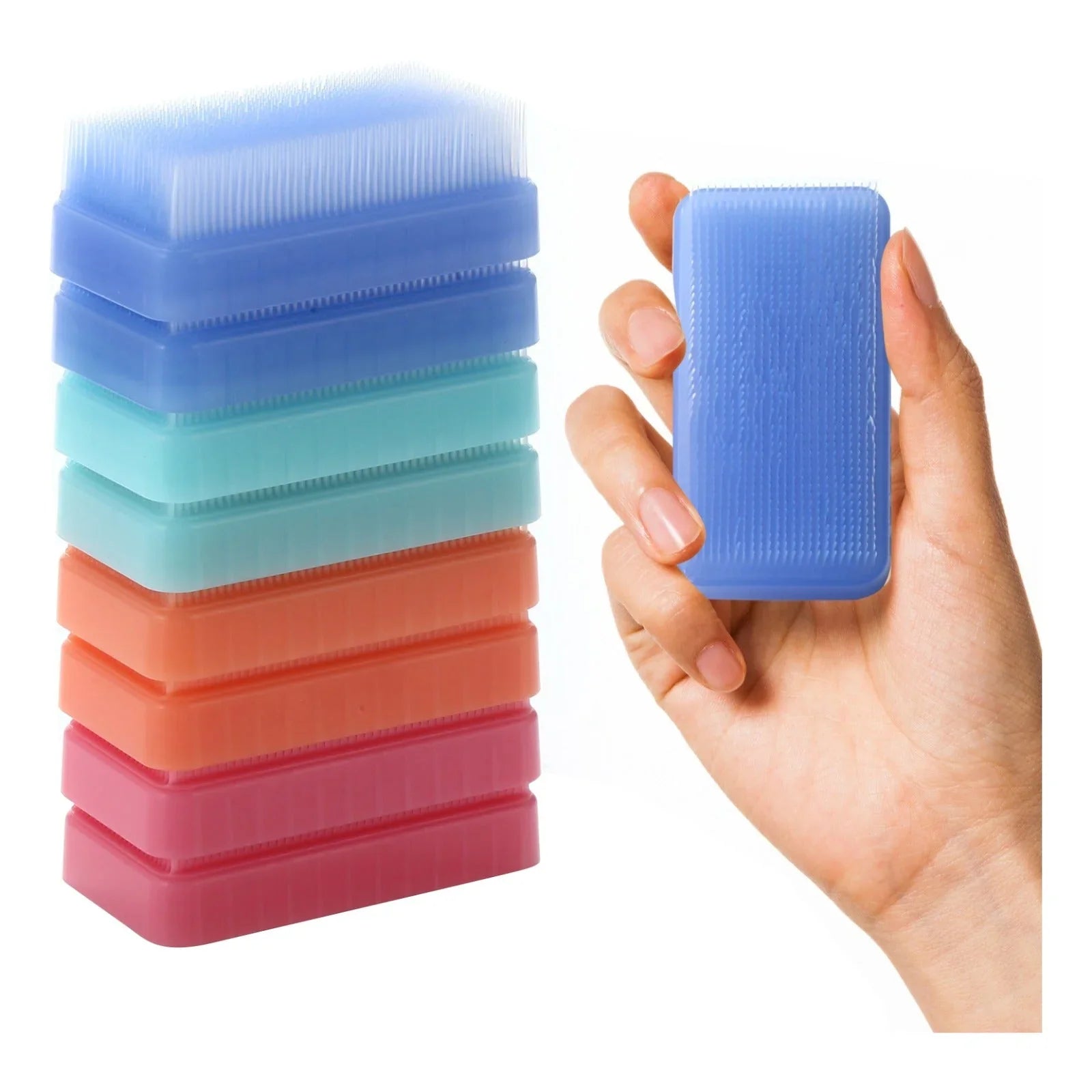 Hand holding blue sensory brush with stack of colorful tactile brushes for sensory support