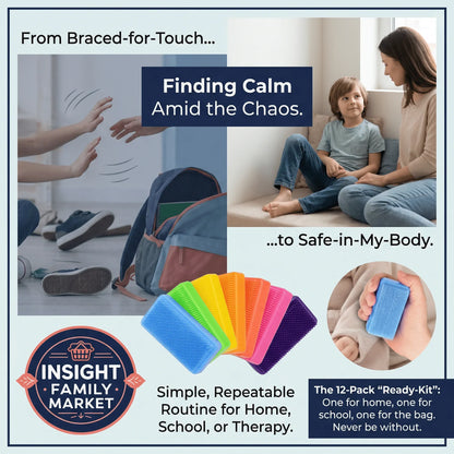 Sensory calm tool kit for kids, bright tactile pads, routines for home, school, or therapy.