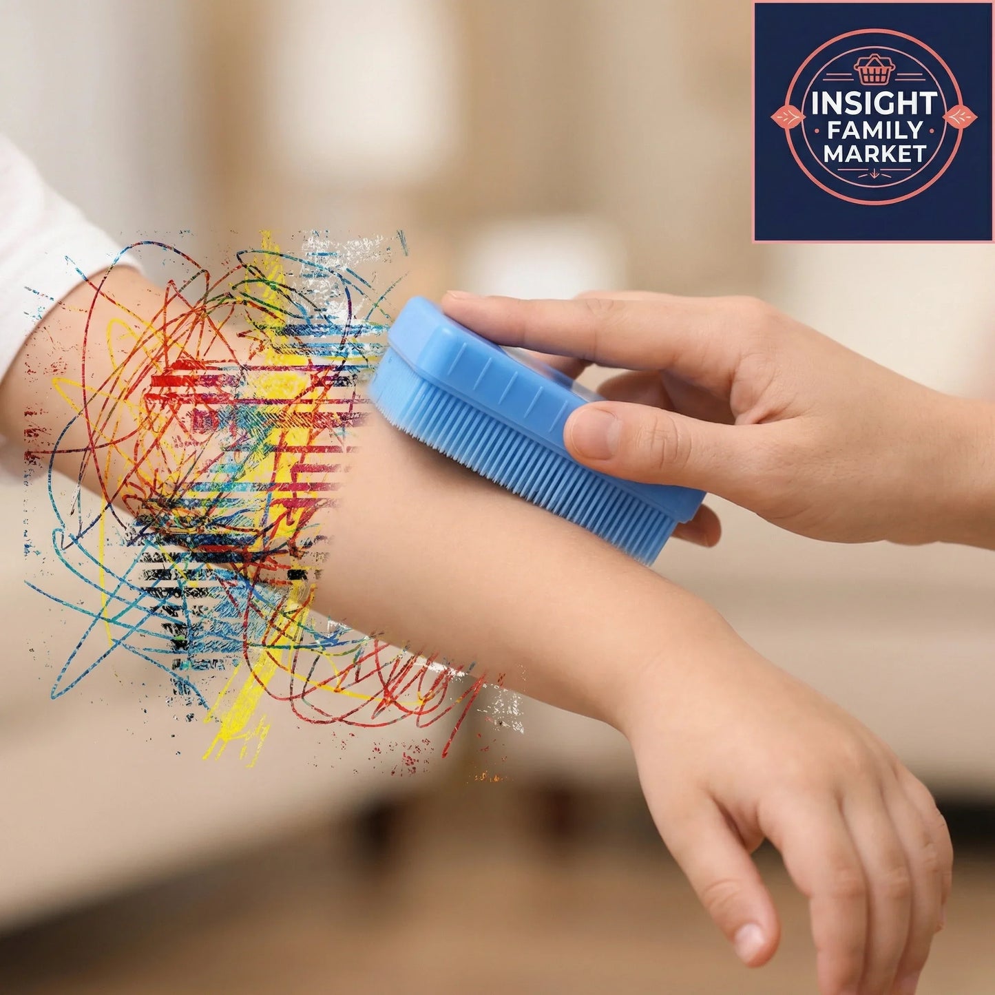 Adult using sensory brush on child’s arm, with colorful scribbles showing sensory overload.