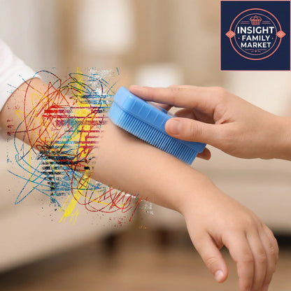 Adult using sensory brush on child’s arm, with colorful scribbles showing sensory overload.