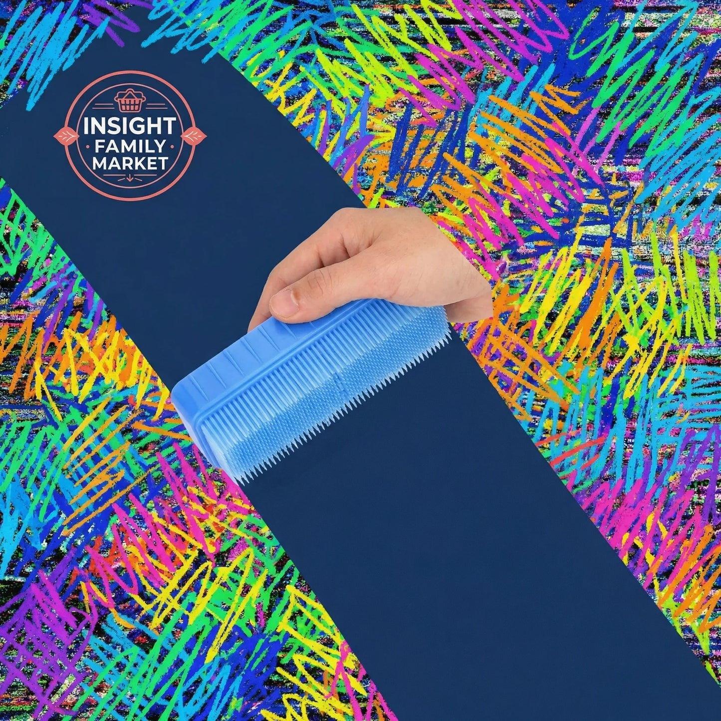 Hand using blue sensory brush to smooth chaotic colorful background to a calm solid navy path