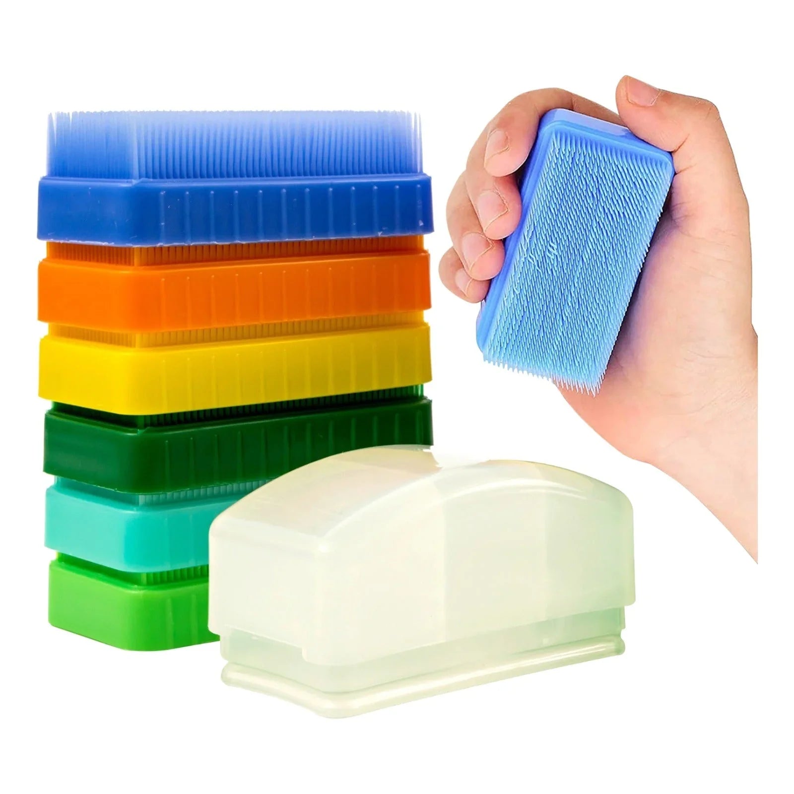 Stack of colorful sensory brushes for tactile therapy, with hand holding blue brush