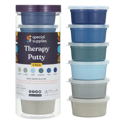 Six-pack therapy putty in assorted firmness levels, in colorful containers, for sensory therapy