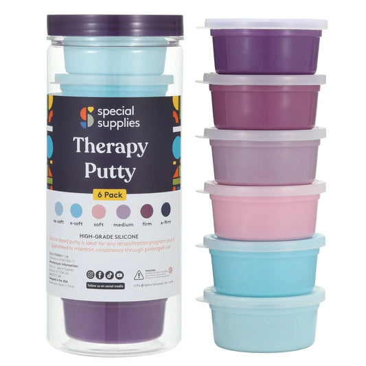 Therapy putty set with six colored containers for hand exercise and sensory play