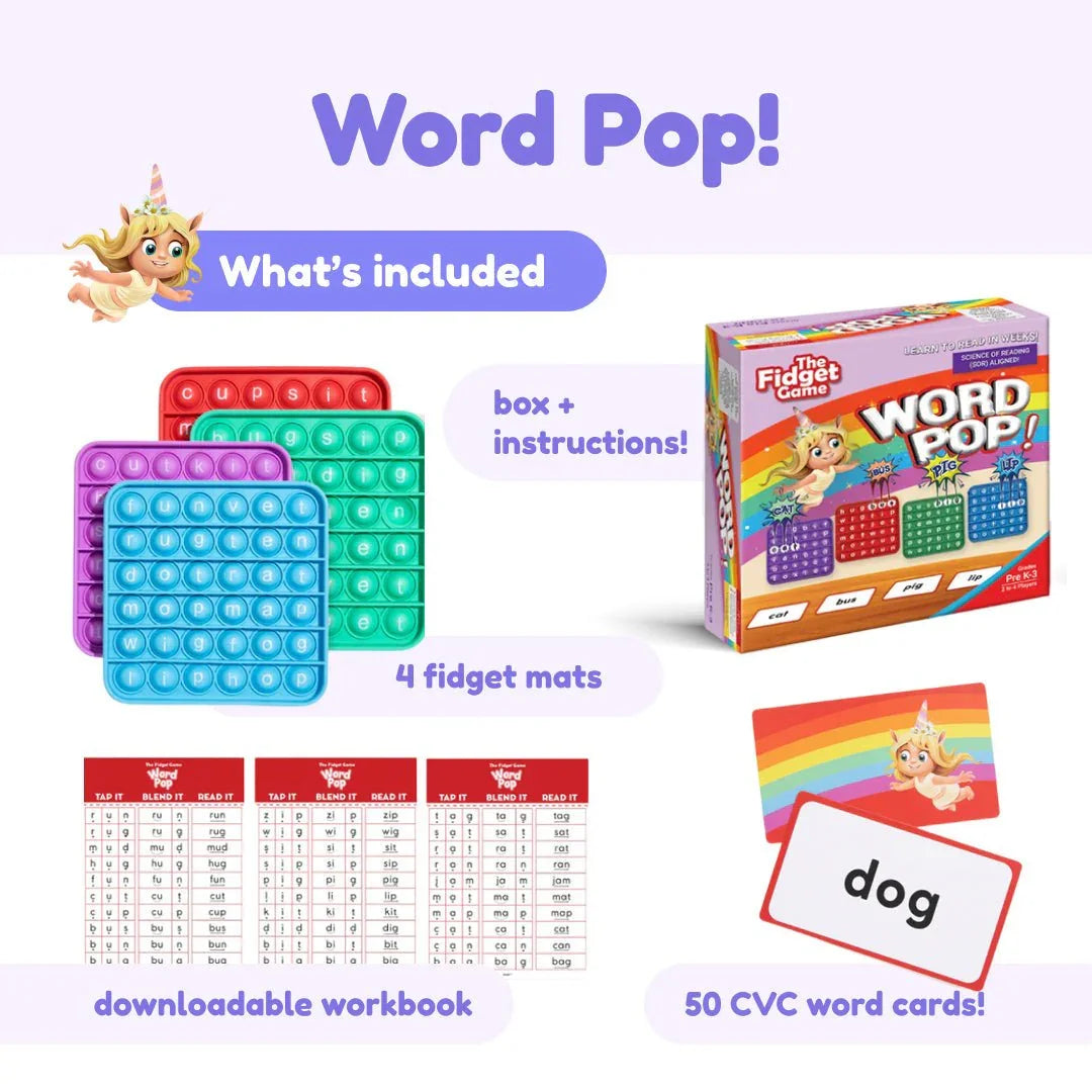 Word Pop literacy game set with colorful fidget mats, CVC word cards, workbook, and box.