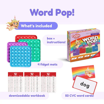 Word Pop literacy game set with colorful fidget mats, CVC word cards, workbook, and box.