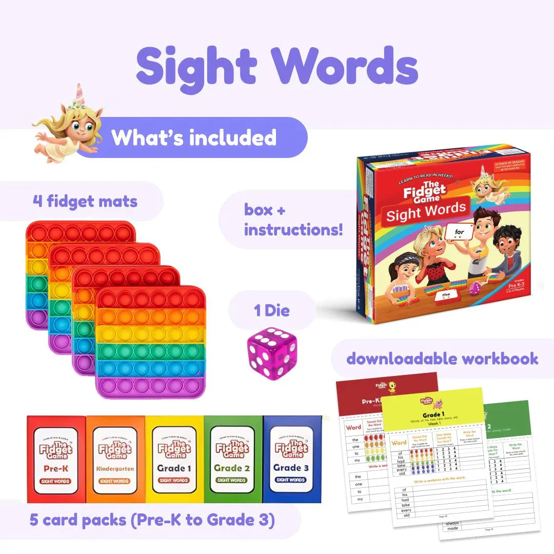 Sight words learning bundle with colorful fidget mats, game box, die, card packs, and workbook