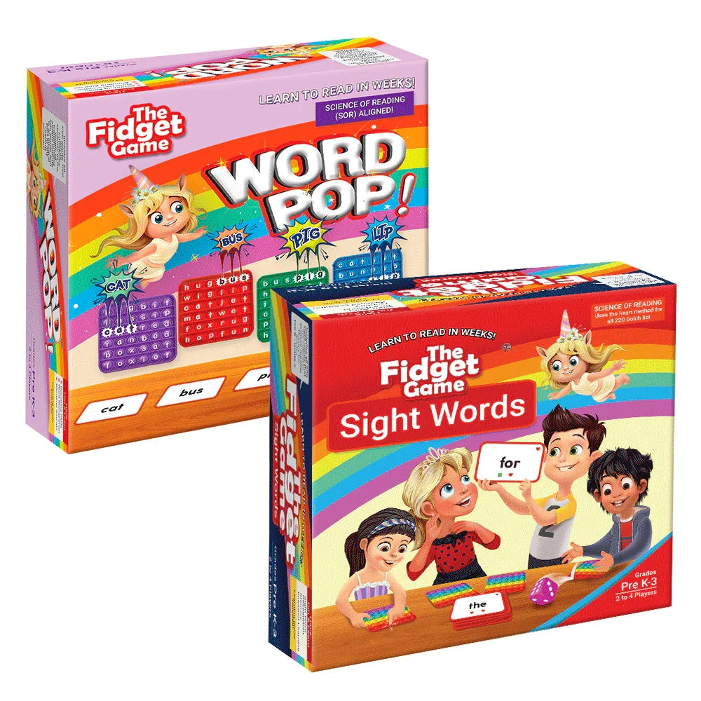 The Fidget Game Word Pop and Sight Words reading games boxes with colorful designs and cartoon children.