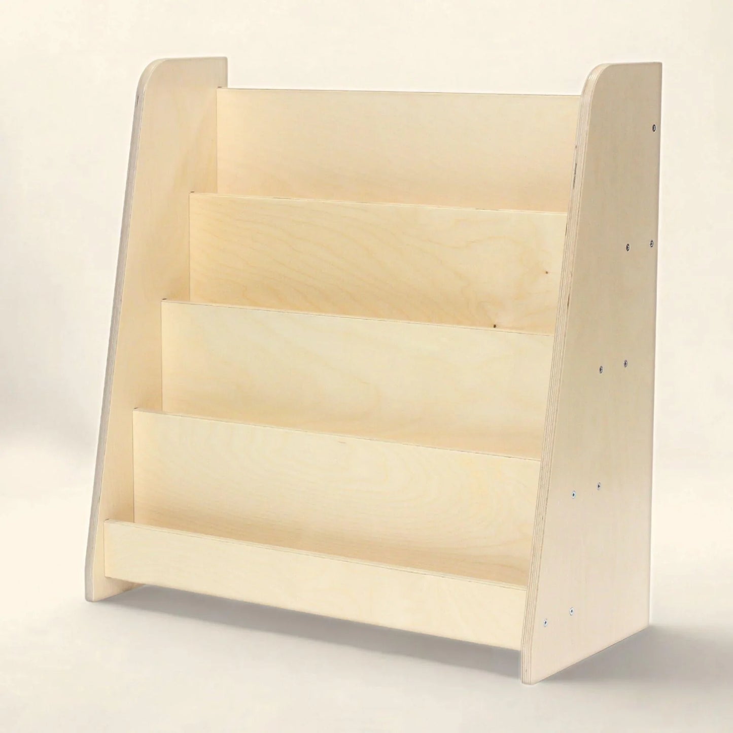 Wooden tiered Montessori bookshelf for kids, natural finish, four display shelves