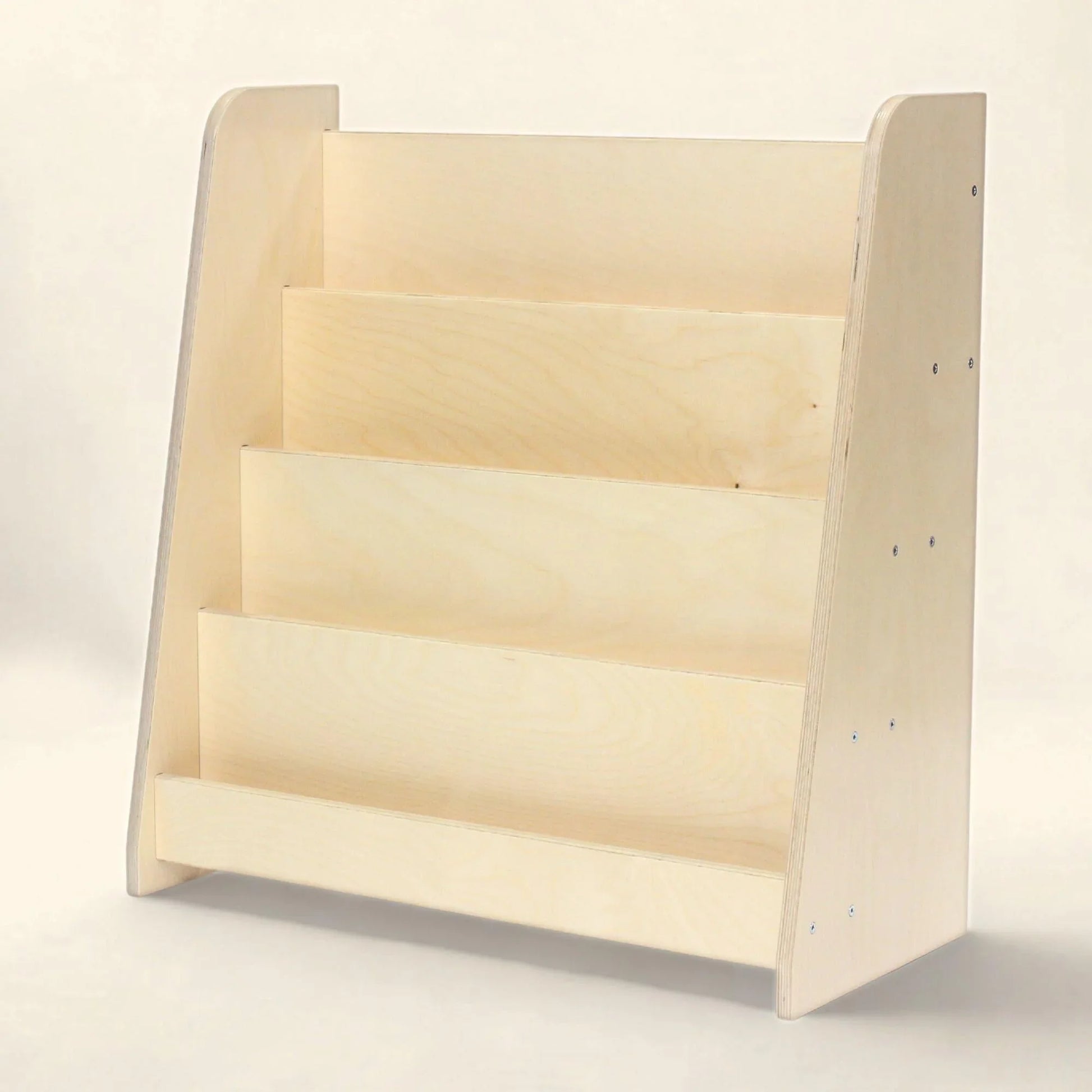 Wooden tiered Montessori bookshelf for kids, natural finish, four display shelves