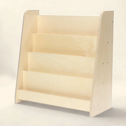 Wooden tiered Montessori bookshelf for kids, natural finish, four display shelves