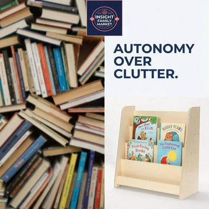 Side-by-side image of a messy pile of books and an organized wooden book display with children's books, promoting clutter-free learning.
