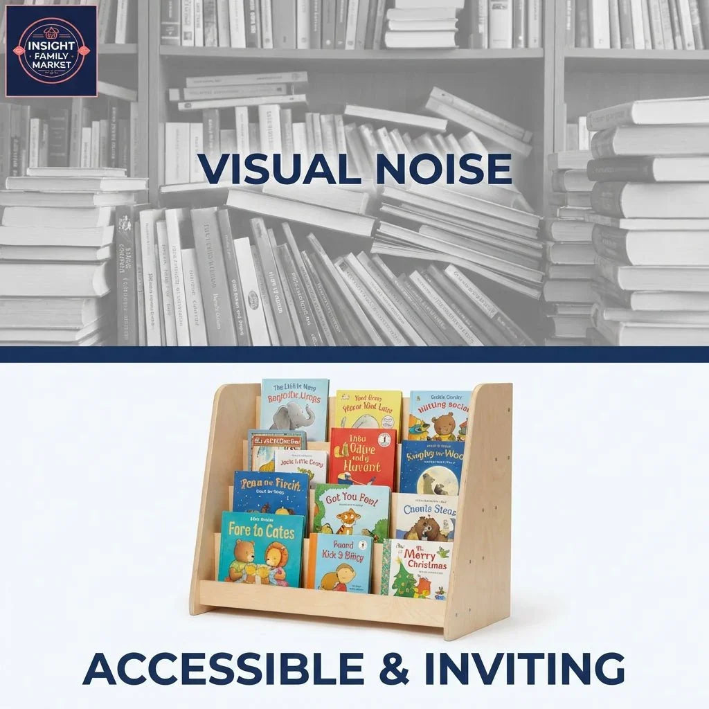 Wooden book display with children's books showing accessible, sensory-friendly organization.