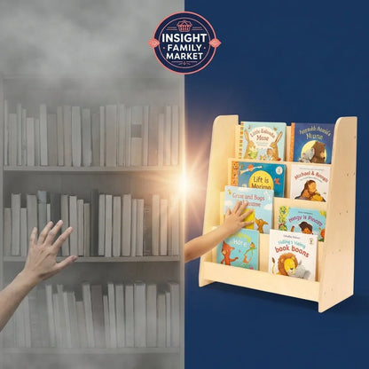 Child reaching for colorful books on a wooden shelf, symbolizing learning and discovery.