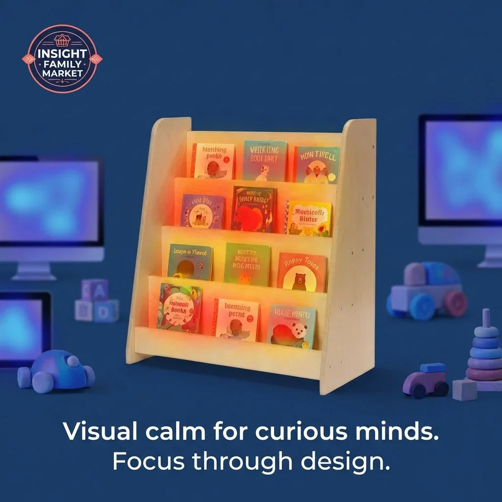 Wooden bookshelf with colorful children's books, sensory toys, and blurred screens in background