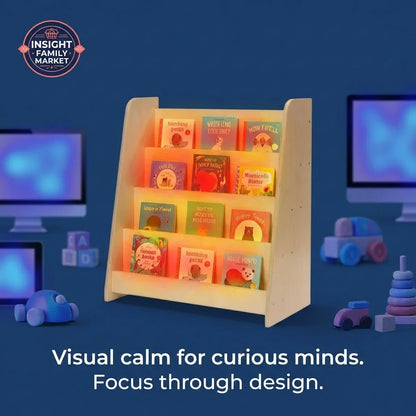 Wooden bookshelf with colorful children's books, sensory toys, and blurred screens in background