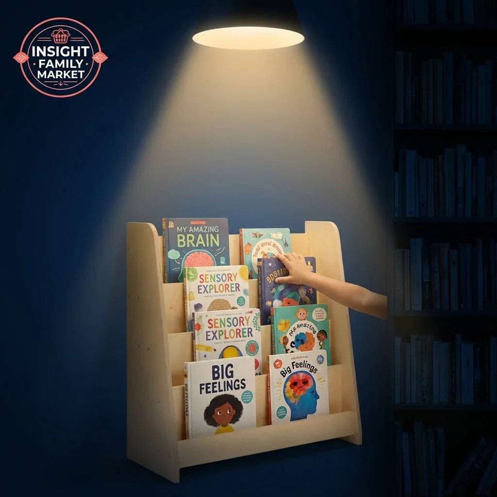 Child's hand reaching for sensory and feelings books on a wooden shelf under a spotlight