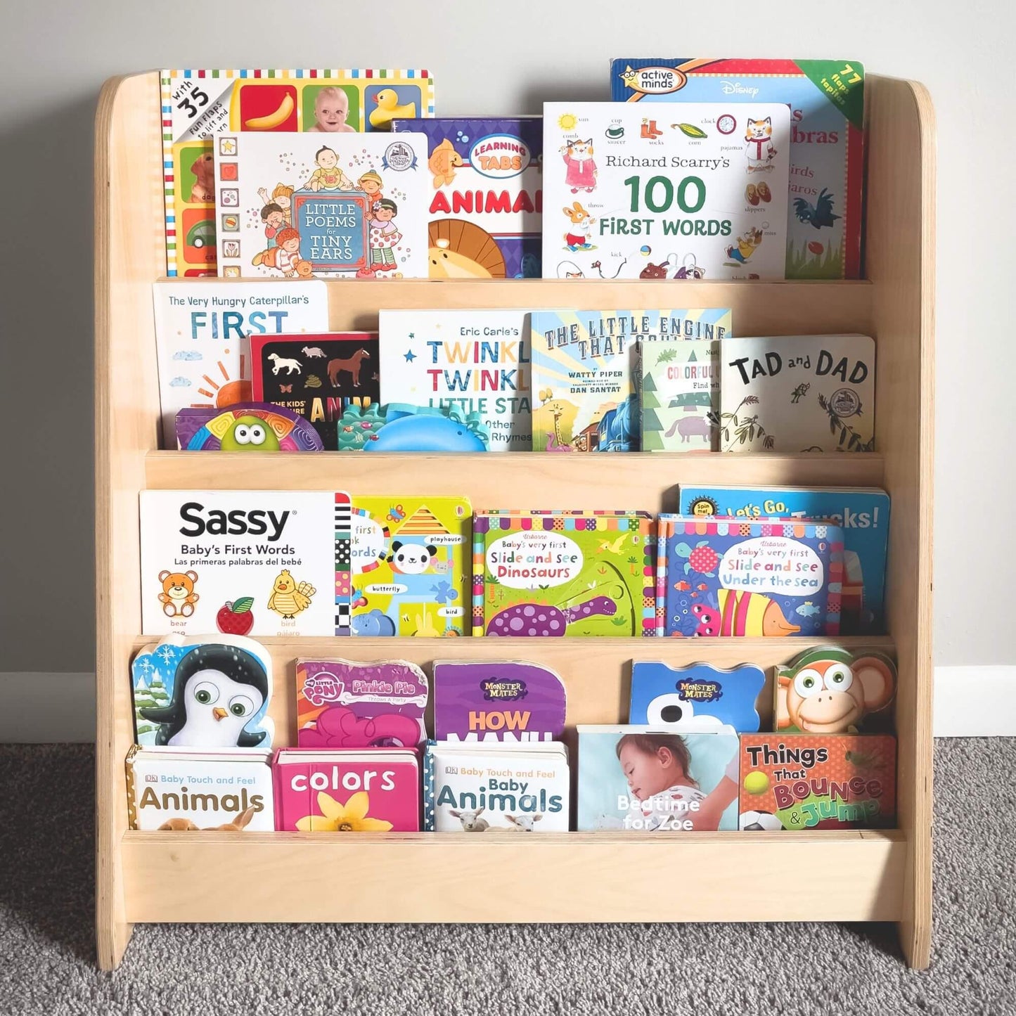 Montessori wooden bookshelf with children's books for early learning and sensory development