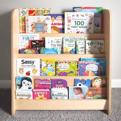 Montessori wooden bookshelf with children's books for early learning and sensory development