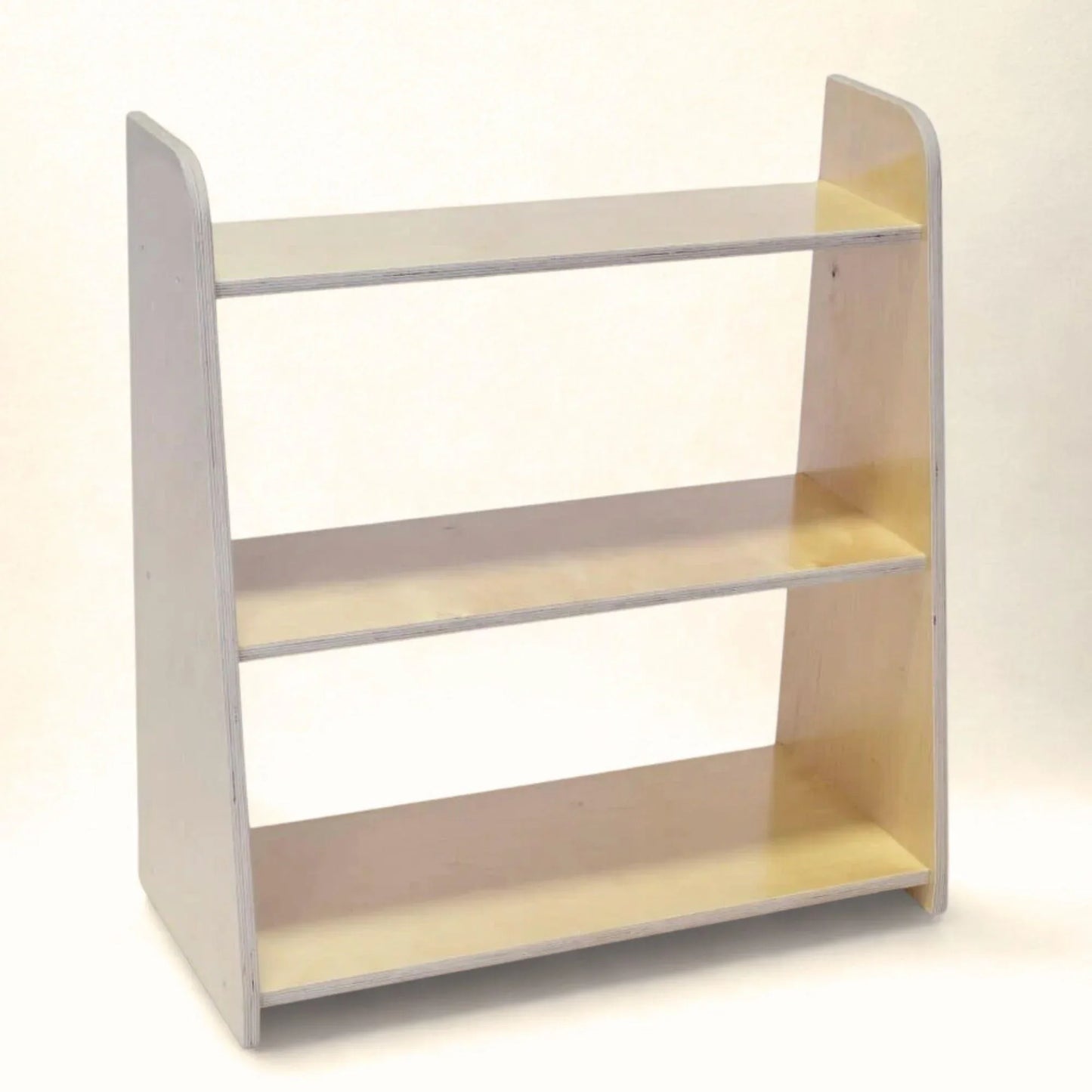 Three-tier wooden Montessori toy shelf with open sides, ideal for organized playroom storage