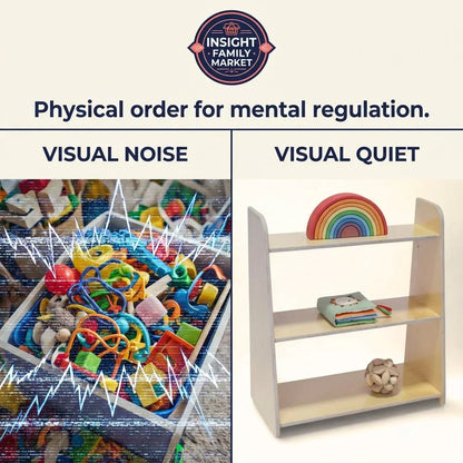 Comparison of cluttered toy bin versus organized shelf with sensory toys and books, showing visual noise and visual quiet.
