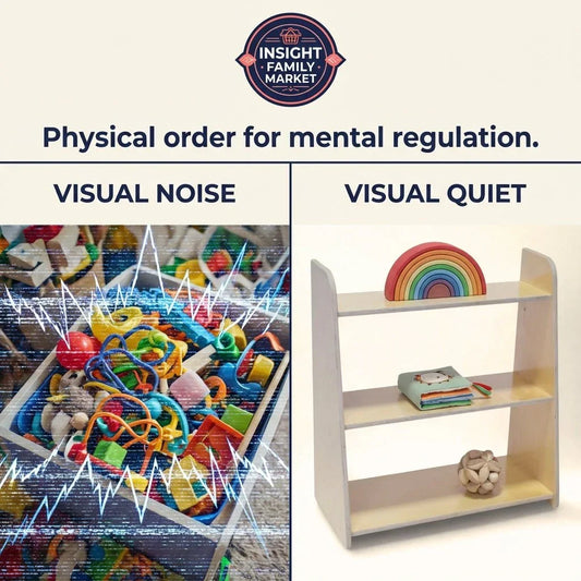 Comparison of cluttered toy bin versus organized shelf with sensory toys and books, showing visual noise and visual quiet.