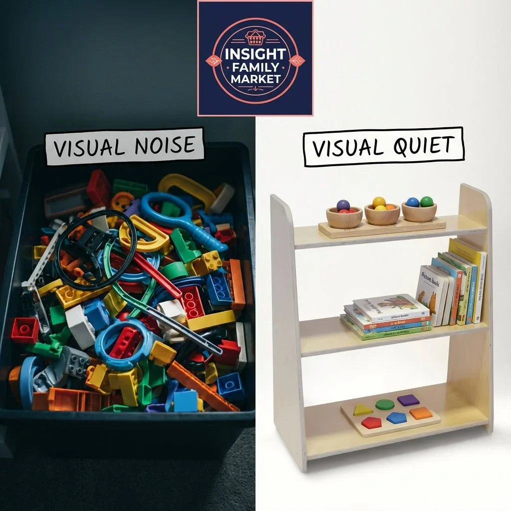 Comparison of cluttered toy box versus tidy, organized sensory toy shelf for calmer environment.