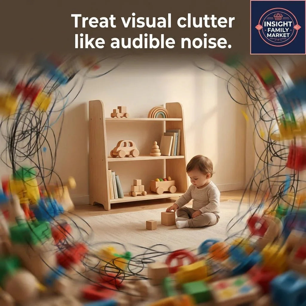 Toddler sitting in calm, organized playroom with wooden toys, surrounded by blurred visual clutter.