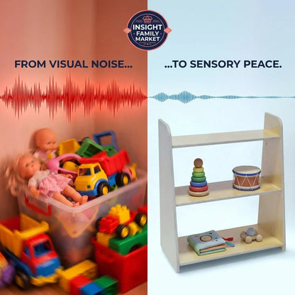 Messy toys and dolls in a bin beside an organized sensory-friendly toy bookshelf.