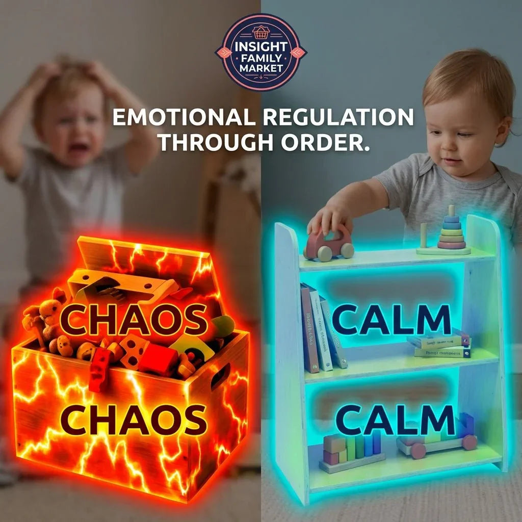 Side-by-side of upset child with chaotic toy box and happy child with organized shelf, promoting emotional regulation and focus.