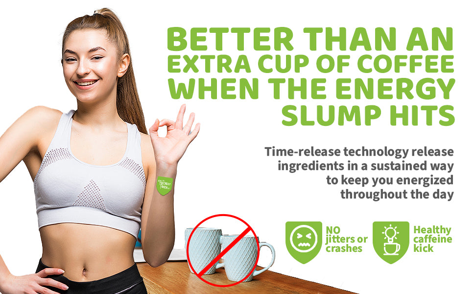 Woman in athletic wear with text about energy boosters, coffee cup with red circle and line through, and product logos.