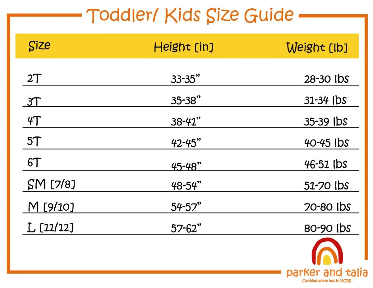 Toddler and kids clothing size guide chart showing size, height, and weight ranges.