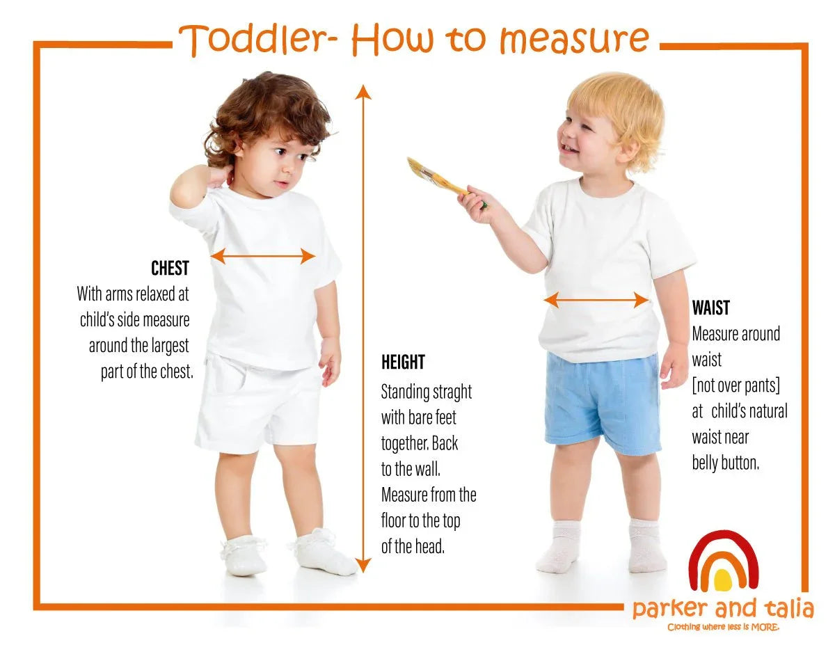 Two toddlers in white clothing demonstrating how to measure chest, height, and waist for sizing.