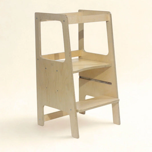 Wooden toddler learning tower with two steps and safety rails, Montessori kitchen helper