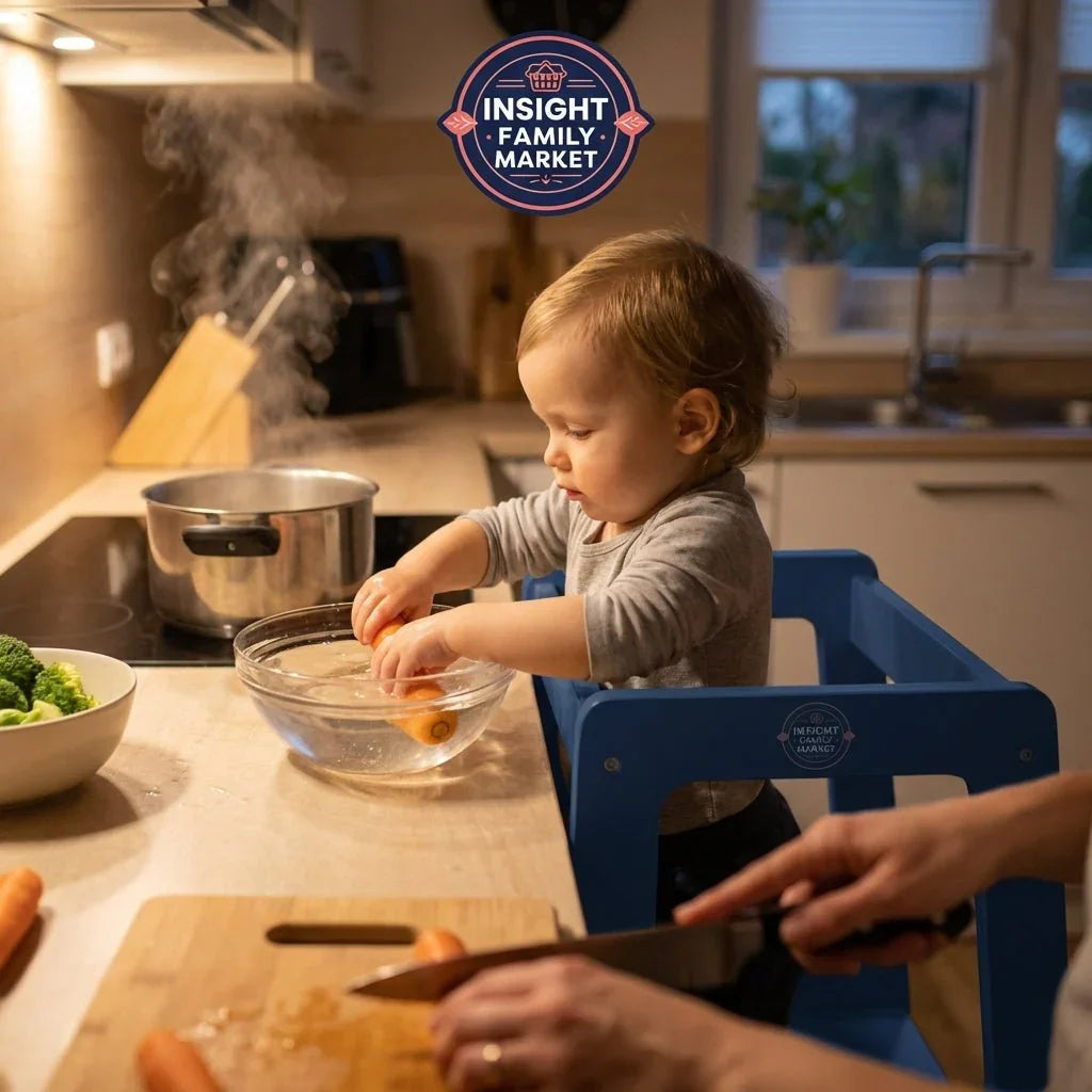 Young child standing in kitchen helper tower washing carrots, family meal prep scene