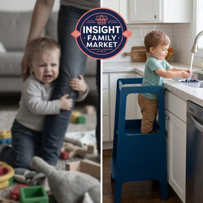 Split image showing upset child clinging to adult's leg and calm child focused at kitchen sink using sensory learning stool.