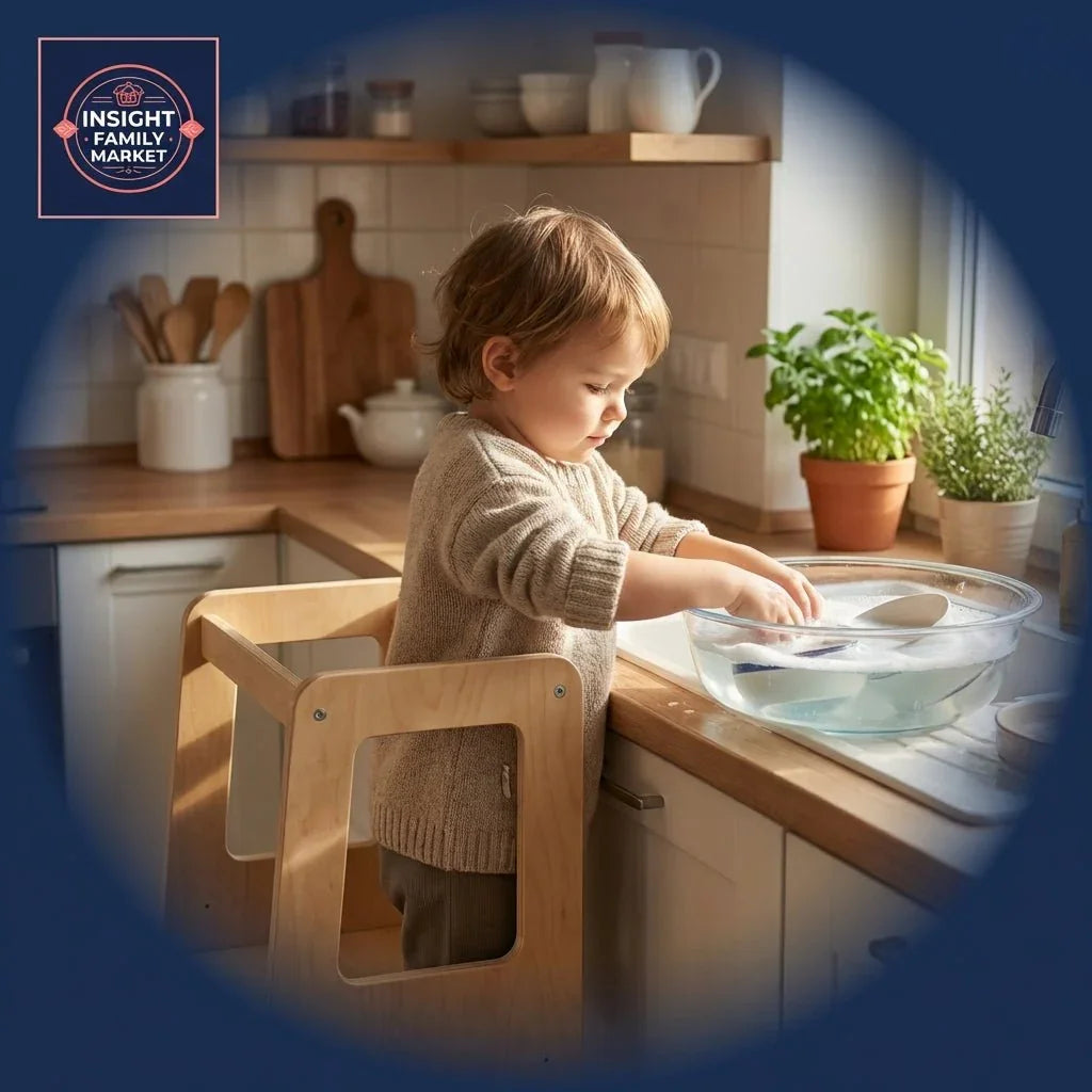 Toddler uses sensory-friendly tower at kitchen counter, engaging in water play activity.